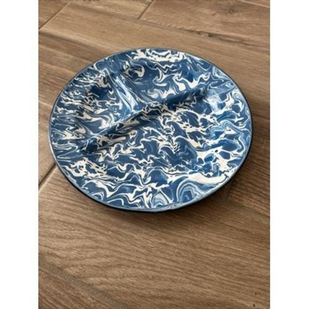 Blue+White‎ Swirl Enamelware Graniteware Divided Grill/Camping Plate Vintage